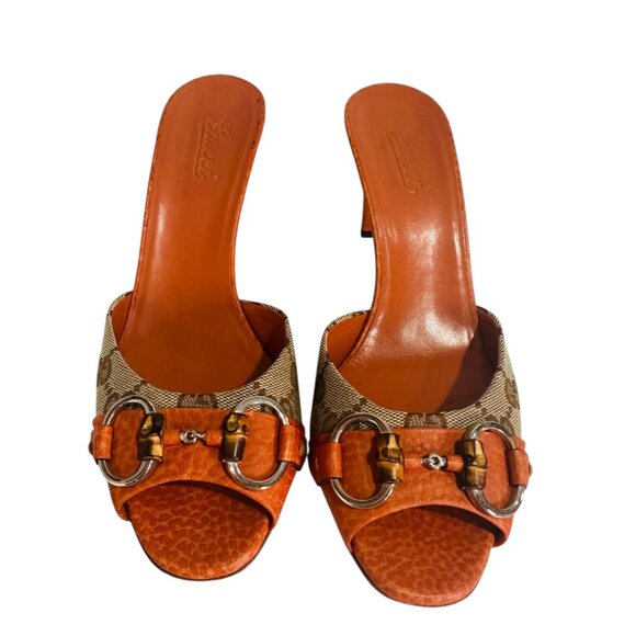 Vintage Gucci Orange Leather Horsebit Bamboo Heels Size 37 US 7 - Picture 1 of 9
